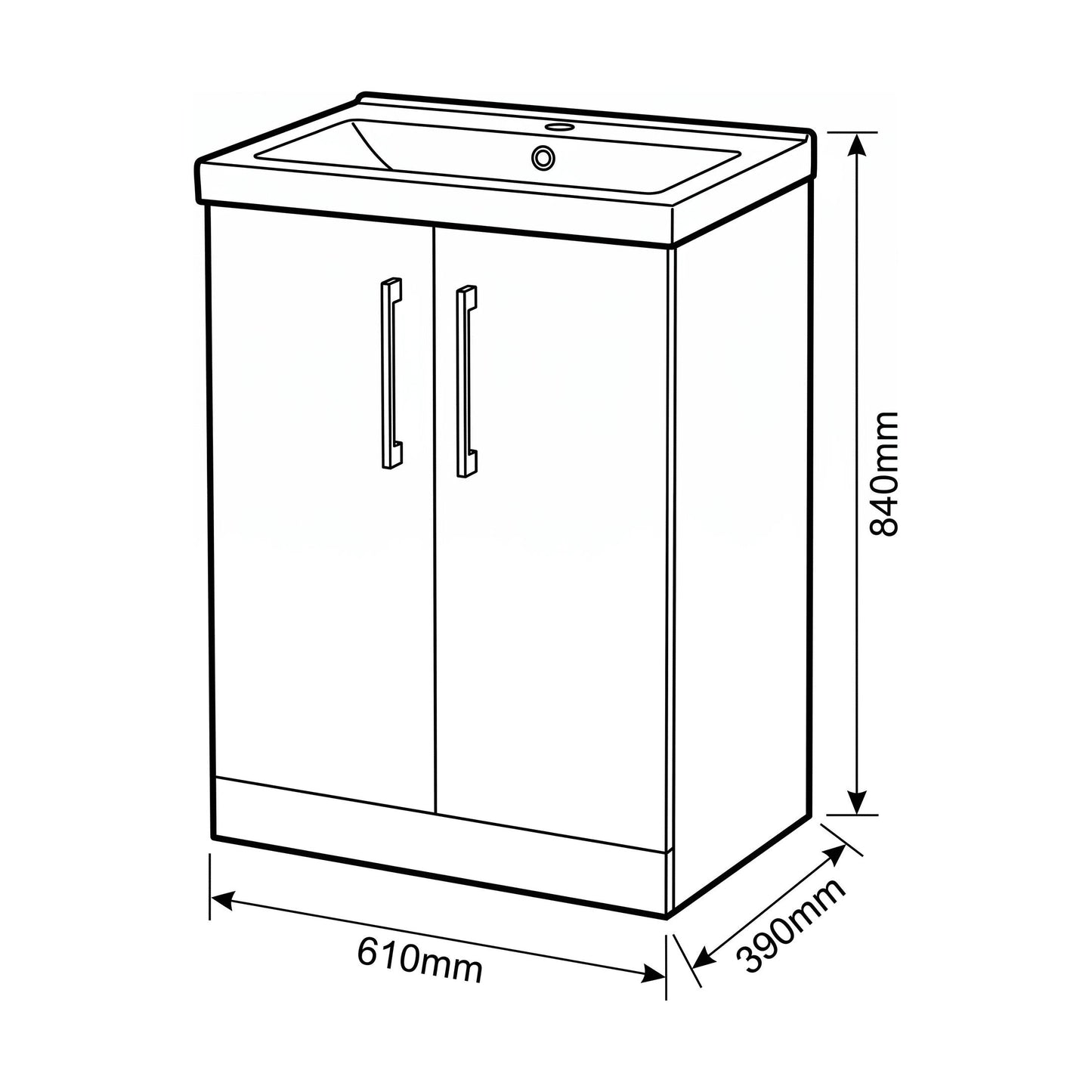 [BALARN3003AH019] Bramshall Floor Standing 2-Door Vanity & Mid-Edge Basin – Choice of Colour and Handle Finish - Technical Drawing