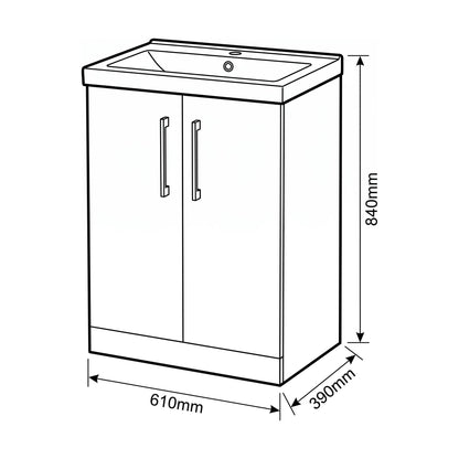 [BALARN3003AH019] Bramshall Floor Standing 2-Door Vanity & Mid-Edge Basin – Choice of Colour and Handle Finish - Technical Drawing