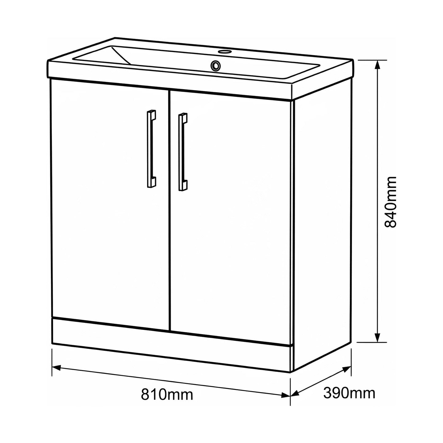 [BALARN3005AH019] Bramshall Floor Standing 2-Door Vanity & Mid-Edge Basin – Choice of Colour and Handle Finish - Technical Drawing