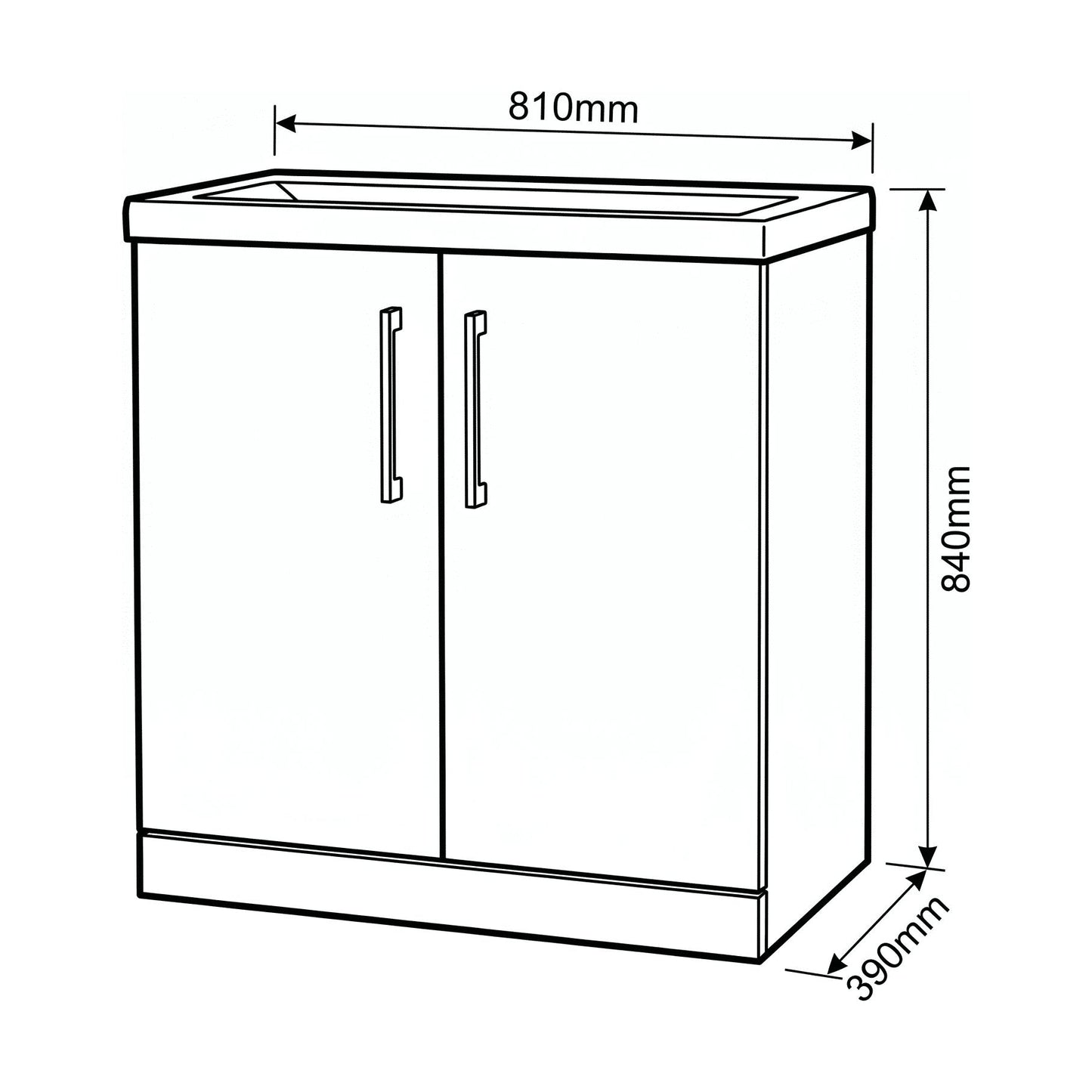 [BALARN3005AH1516] Bramshall Floor Standing 2-Door Vanity & Mid-Edge Basin – Choice of Colour and Handle Finish - Technical Drawing