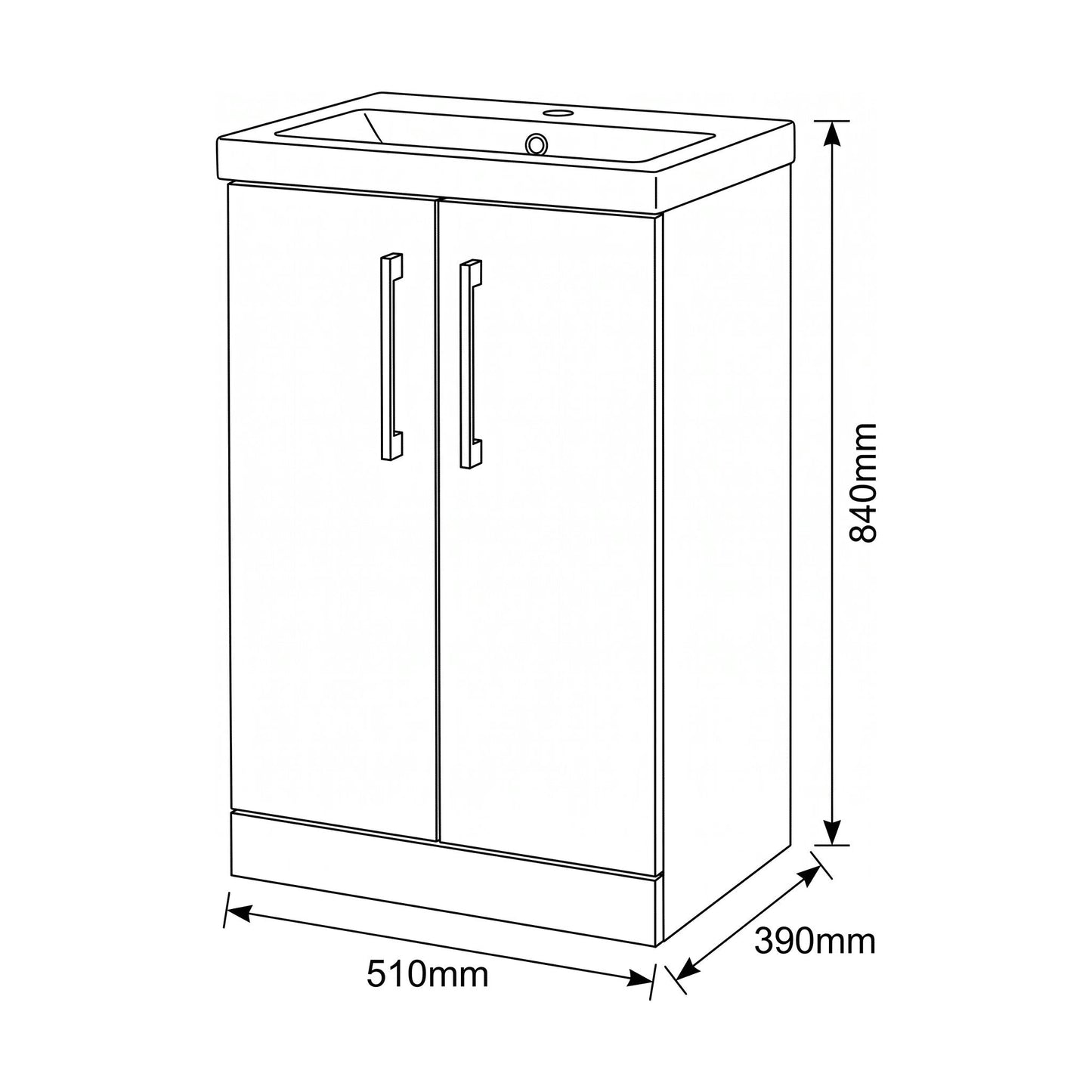 [BALARN501AH017] Bramshall Floor Standing 2-Door Vanity & Mid-Edge Basin – Choice of Colour and Handle Finish - Technical Drawing