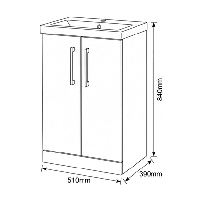 [BALARN501AH017] Bramshall Floor Standing 2-Door Vanity & Mid-Edge Basin – Choice of Colour and Handle Finish - Technical Drawing