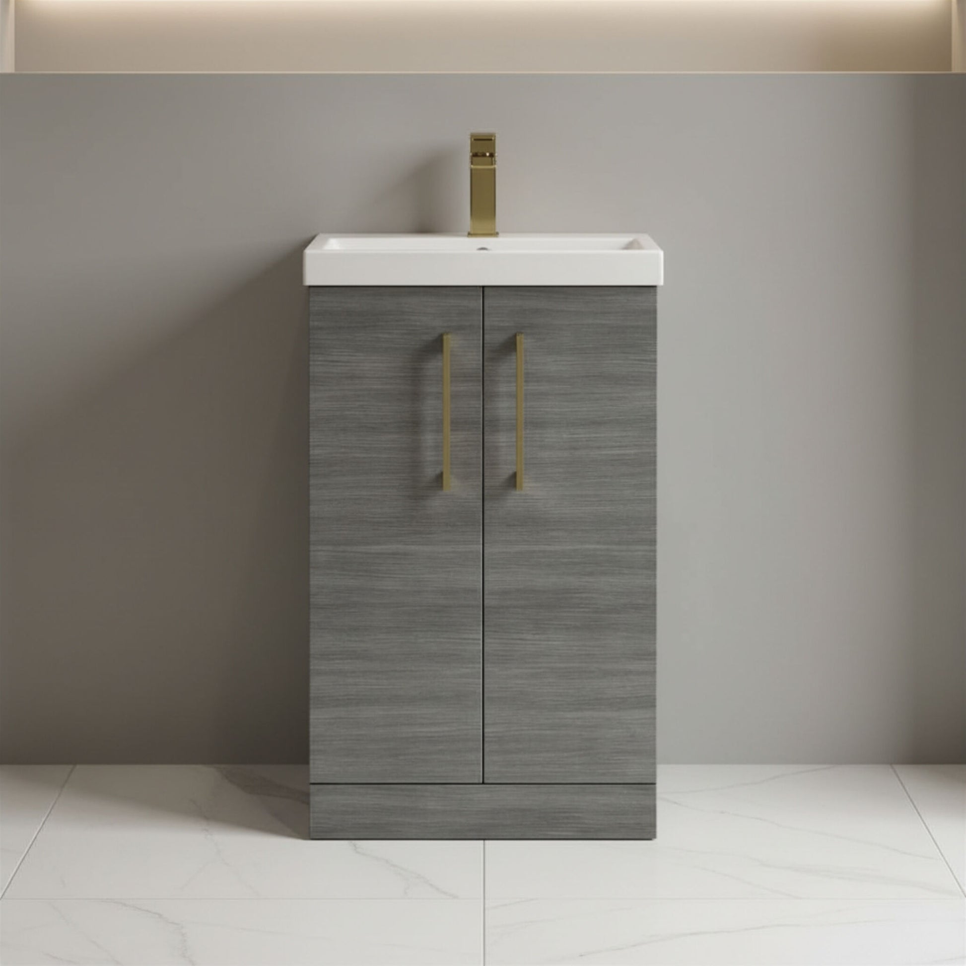 [BALARN501AH017] Bramshall Floor Standing 2 Door Vanity Basin Unit with Mid-Edge Basin, 500mm, Choice of Colour and Handle Finish - Silo