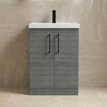 [BALARN503AH018] Balterley Level Contemporary Bathroom Floor Standing 2-Door Vanity Unit & Mid-Edge Basin, Anthracite Woodgrain, 600mm - Silo