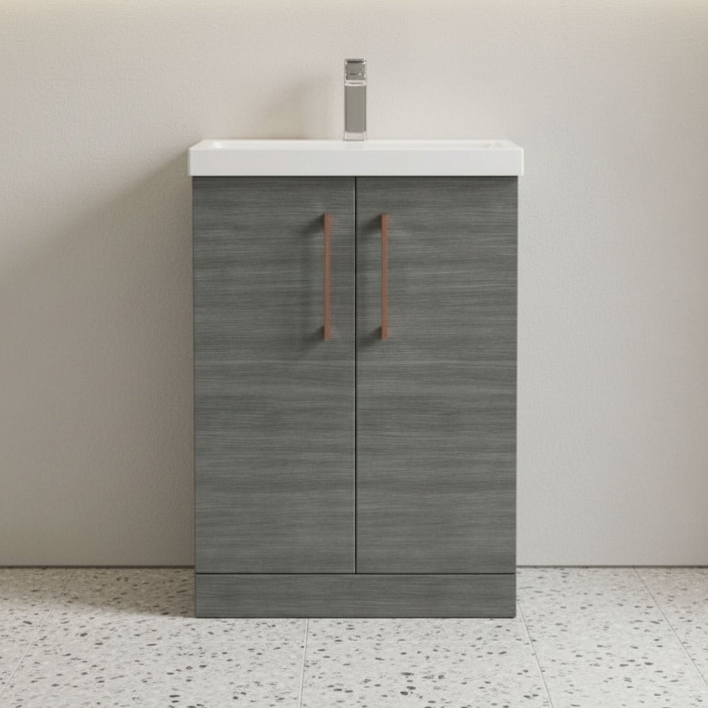 [BALARN503AH019] Balterley Level Contemporary Bathroom Floor Standing 2-Door Vanity Unit & Mid-Edge Basin, Anthracite Woodgrain, 600mm - Silo