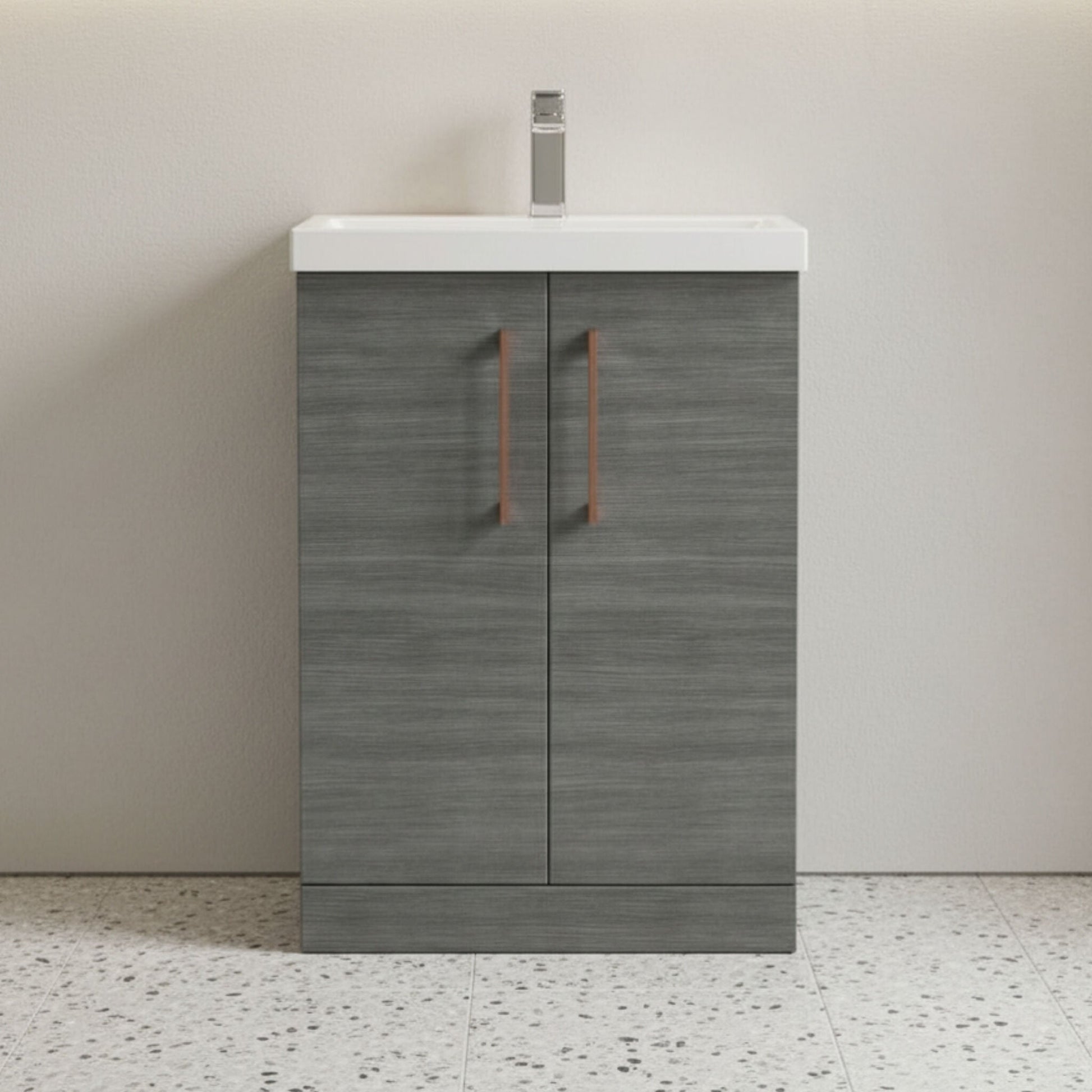 [BALARN503AH019] Balterley Level Contemporary Bathroom Floor Standing 2-Door Vanity Unit & Mid-Edge Basin, Anthracite Woodgrain, 600mm - Silo