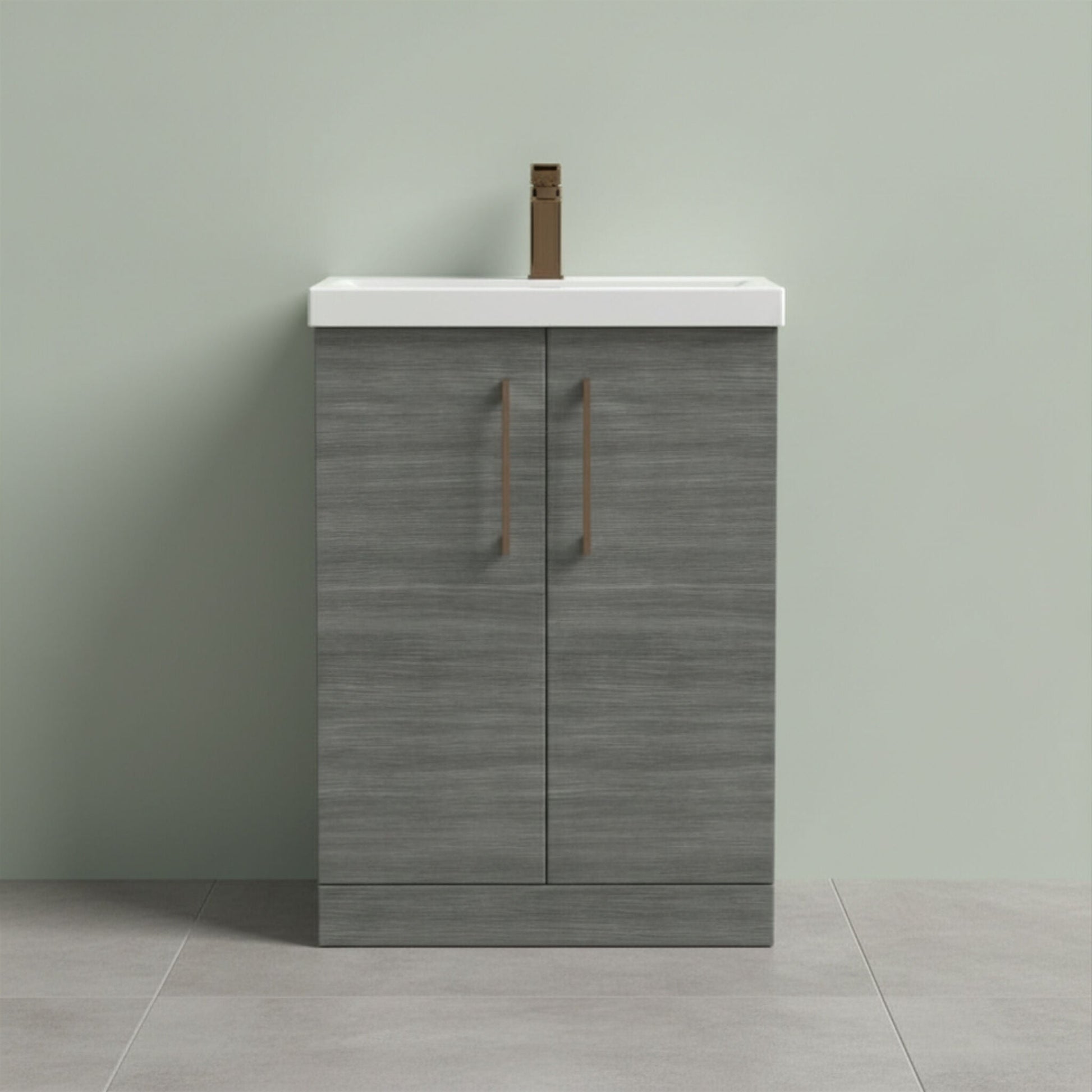 [BALARN503AH1516] Balterley Level Contemporary Bathroom Floor Standing 2-Door Vanity Unit & Mid-Edge Basin, Anthracite Woodgrain, 600mm - Silo