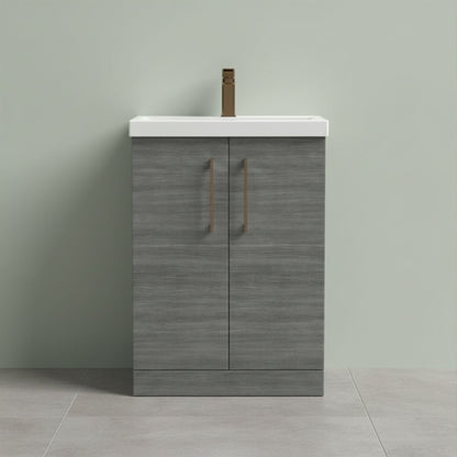 [BALARN503AH1516] Balterley Level Contemporary Bathroom Floor Standing 2-Door Vanity Unit & Mid-Edge Basin, Anthracite Woodgrain, 600mm - Silo