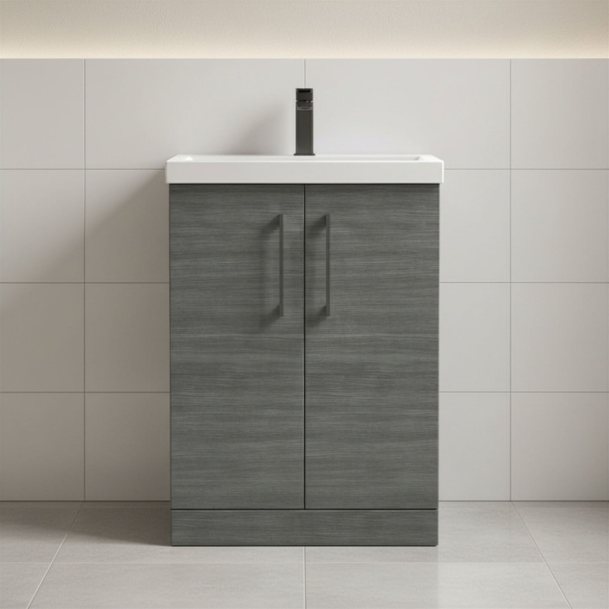 [BALARN503AH716] Balterley Level Contemporary Bathroom Floor Standing 2-Door Vanity Unit & Mid-Edge Basin, Anthracite Woodgrain, 600mm - Silo