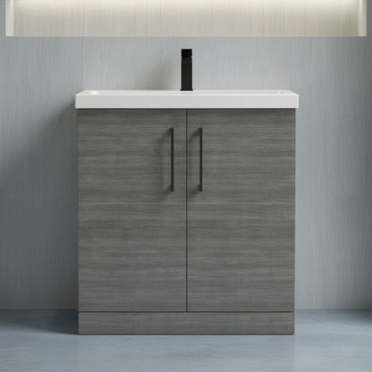 [BALARN505AH018] Balterley Level Contemporary Bathroom Floor Standing 2-Door Vanity Unit & Mid-Edge Basin, Anthracite Woodgrain, 800mm - Silo