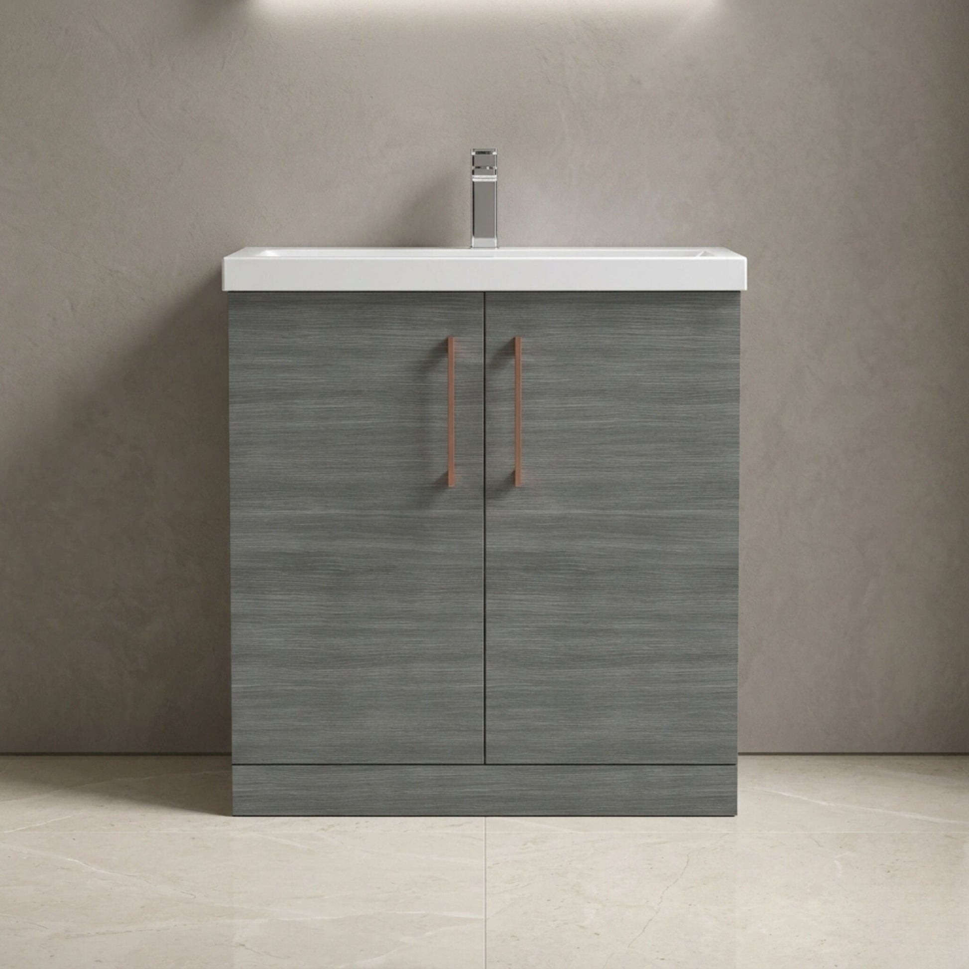 [BALARN505AH019] Balterley Level Contemporary Bathroom Floor Standing 2-Door Vanity Unit & Mid-Edge Basin, Anthracite Woodgrain, 800mm - Silo
