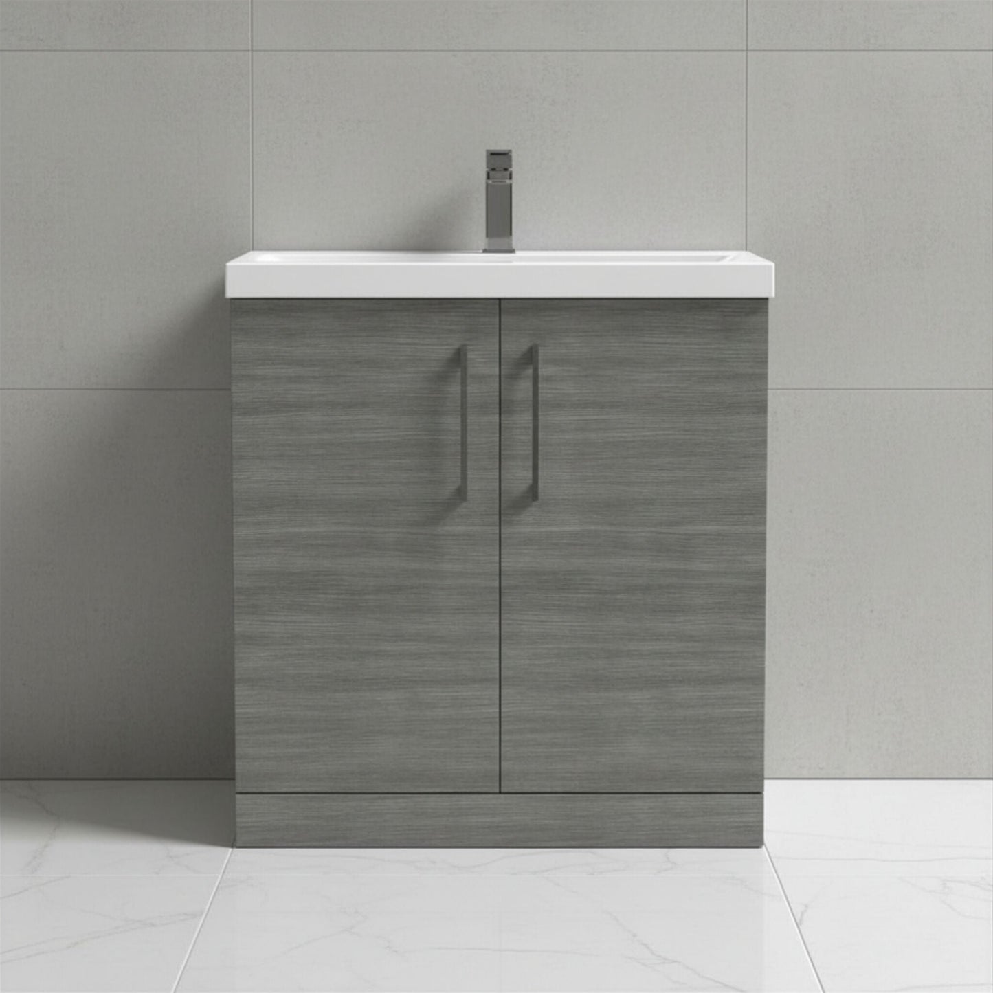 [BALARN505AH716] Balterley Level Contemporary Bathroom Floor Standing 2-Door Vanity Unit & Mid-Edge Basin, Anthracite Woodgrain, 800mm - Silo