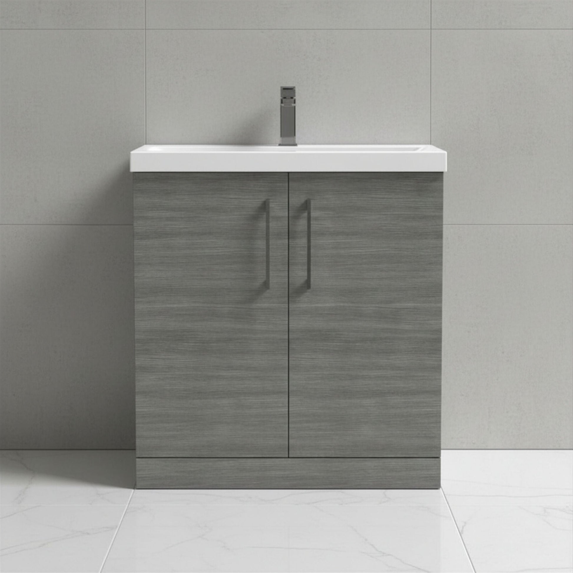 [BALARN505AH716] Balterley Level Contemporary Bathroom Floor Standing 2-Door Vanity Unit & Mid-Edge Basin, Anthracite Woodgrain, 800mm - Silo