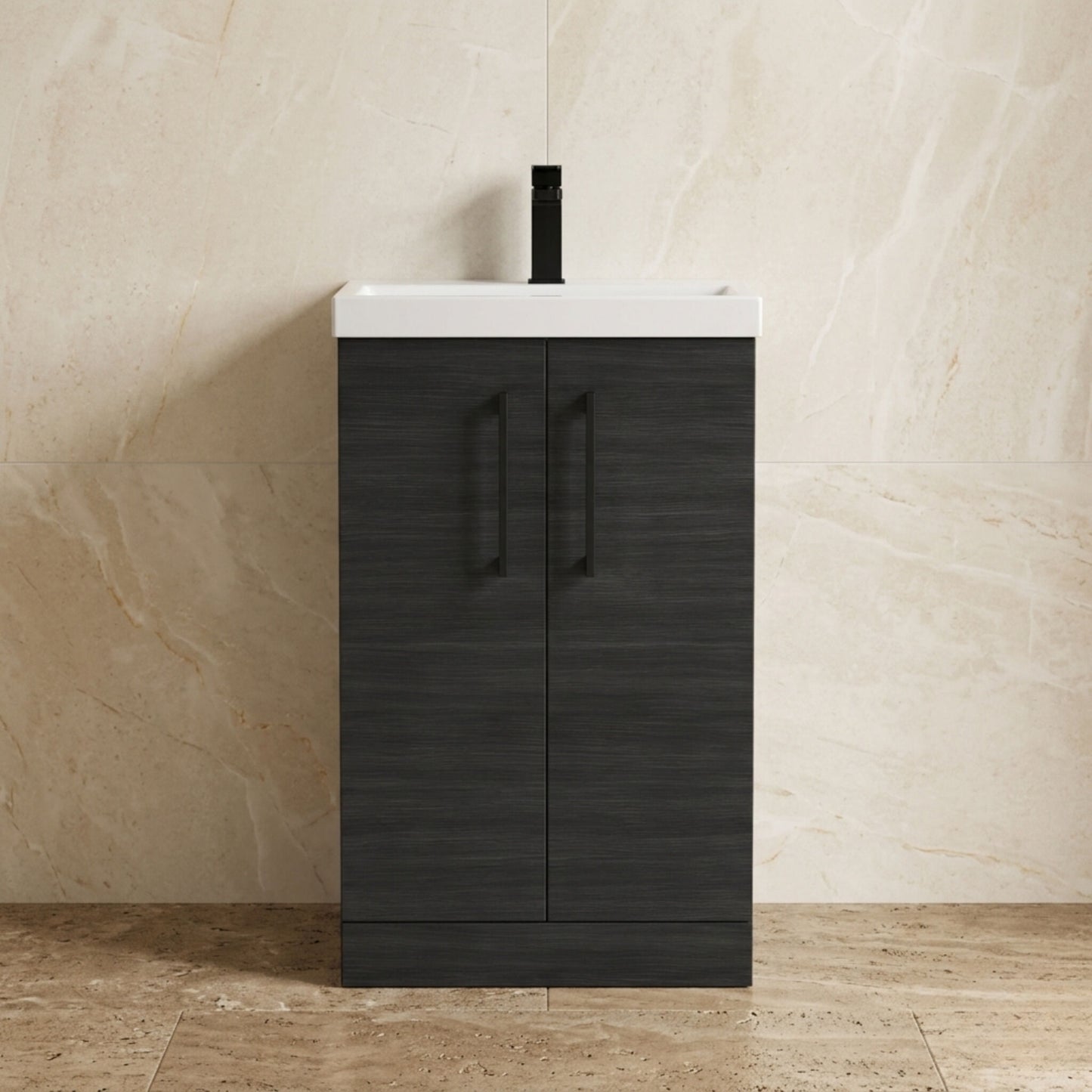 [BALARN601AH018] Bramshall Floor Standing 2 Door Vanity Basin Unit with Mid-Edge Basin, 500mm, Choice of Colour and Handle Finish - Silo
