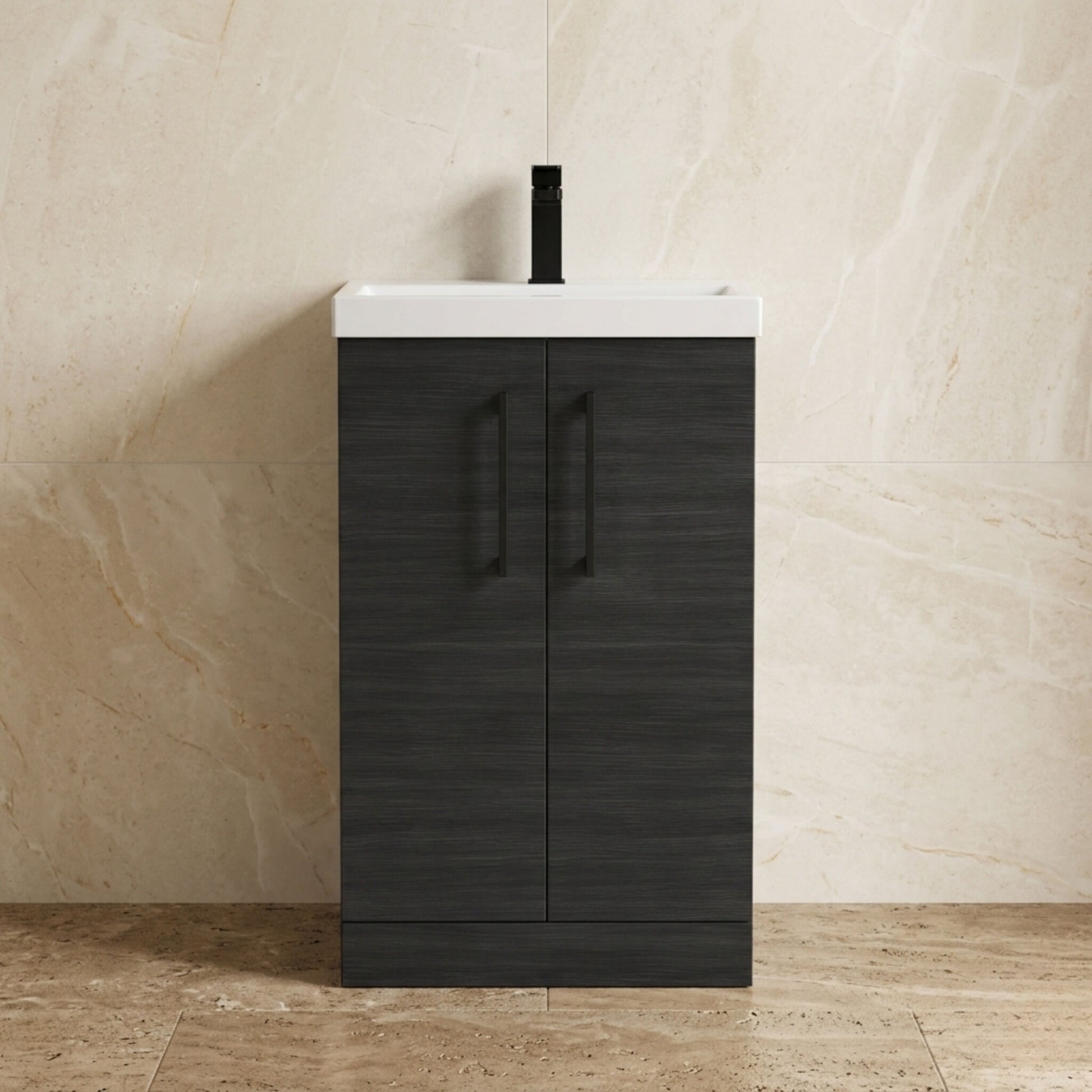 [BALARN601AH018] Bramshall Floor Standing 2 Door Vanity Basin Unit with Mid-Edge Basin, 500mm, Choice of Colour and Handle Finish - Silo