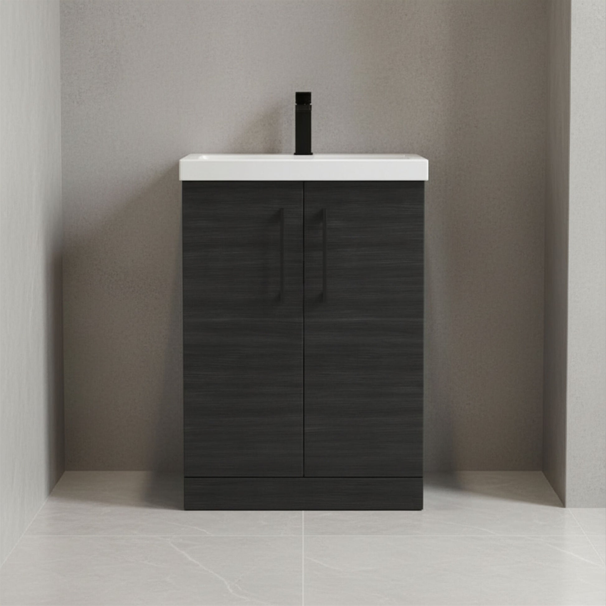 [BALARN603AH018] Bramshall Floor Standing 2 Door Vanity Basin Unit with Mid-Edge Basin, 600mm, Choice of Colour and Handle Finish - Silo