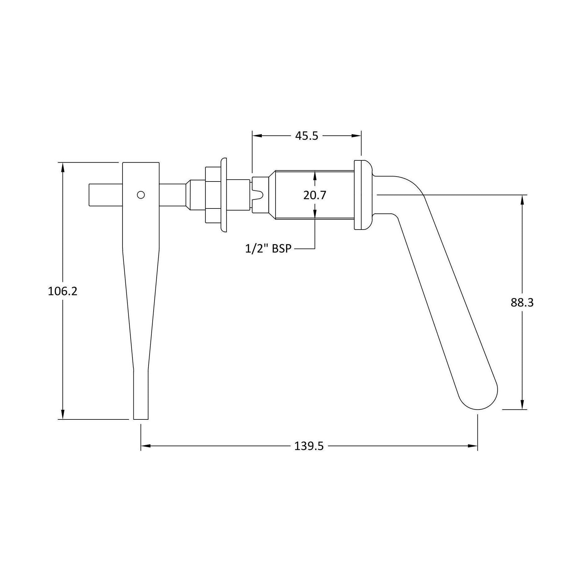 [BALE355] Balterley Universal Metal Toilet Cistern Lever, Solid Brass Flush Handle Replacement - Chrome Finish - Technical Drawing