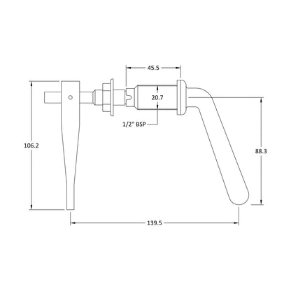 [BALE355] Balterley Universal Metal Toilet Cistern Lever, Solid Brass Flush Handle Replacement - Chrome Finish - Technical Drawing