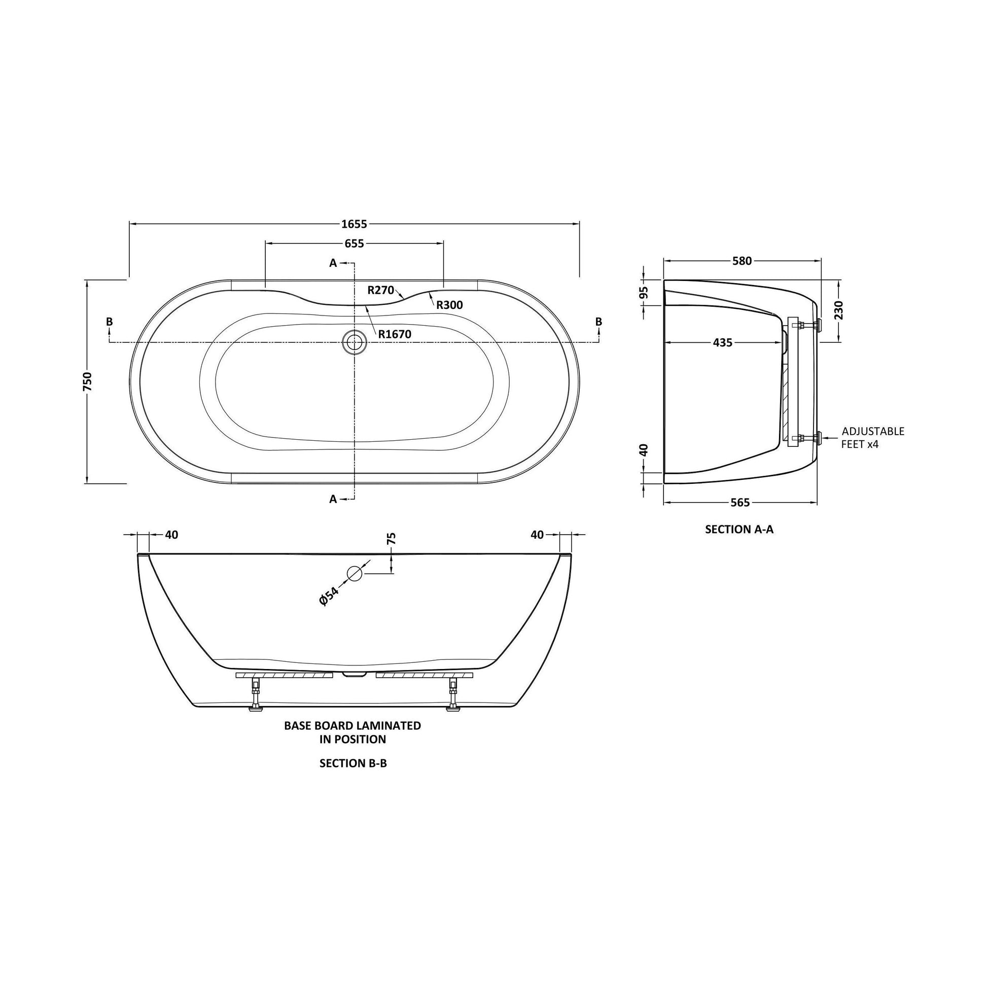 [BALNFB110] Balterley Freestanding Boat Bath: 1655 x 750 x 580mm Double-Ended Acrylic Bath with Elegant Curved Design - Technical Drawing