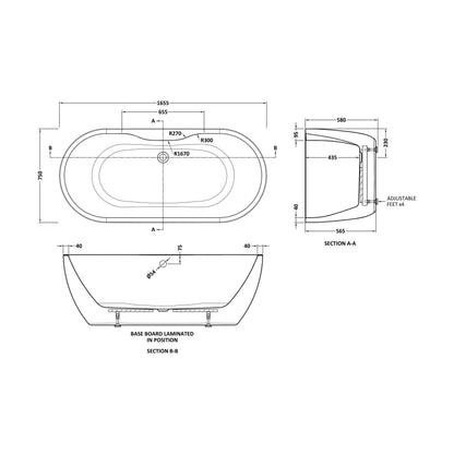 [BALNFB110] Balterley Freestanding Boat Bath: 1655 x 750 x 580mm Double-Ended Acrylic Bath with Elegant Curved Design - Technical Drawing