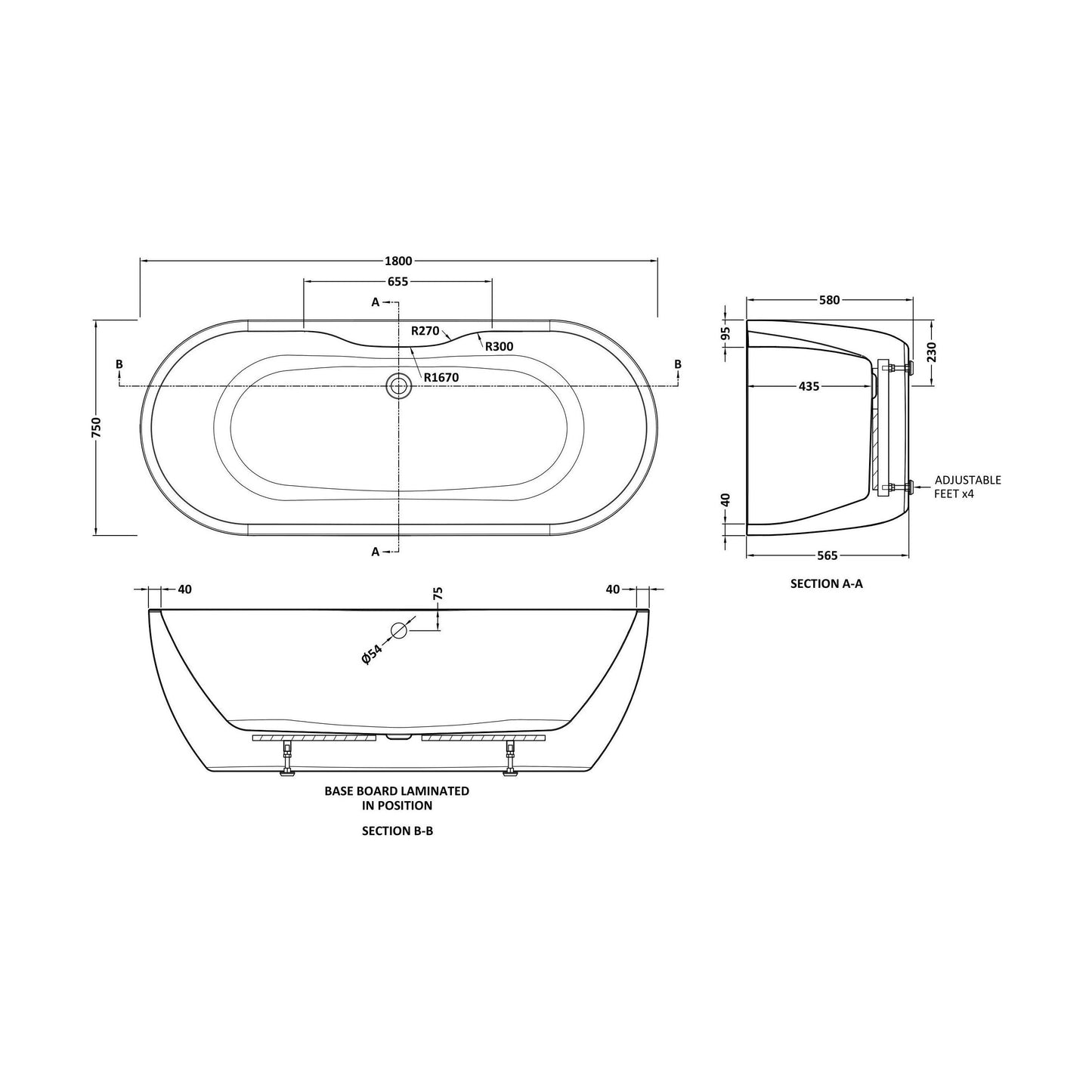 [BALNFB111] Balterley Freestanding Boat Bath: 1800 x 750 x 580 mm Double-Ended Acrylic Bath with Elegant Curved Design - Technical Drawing