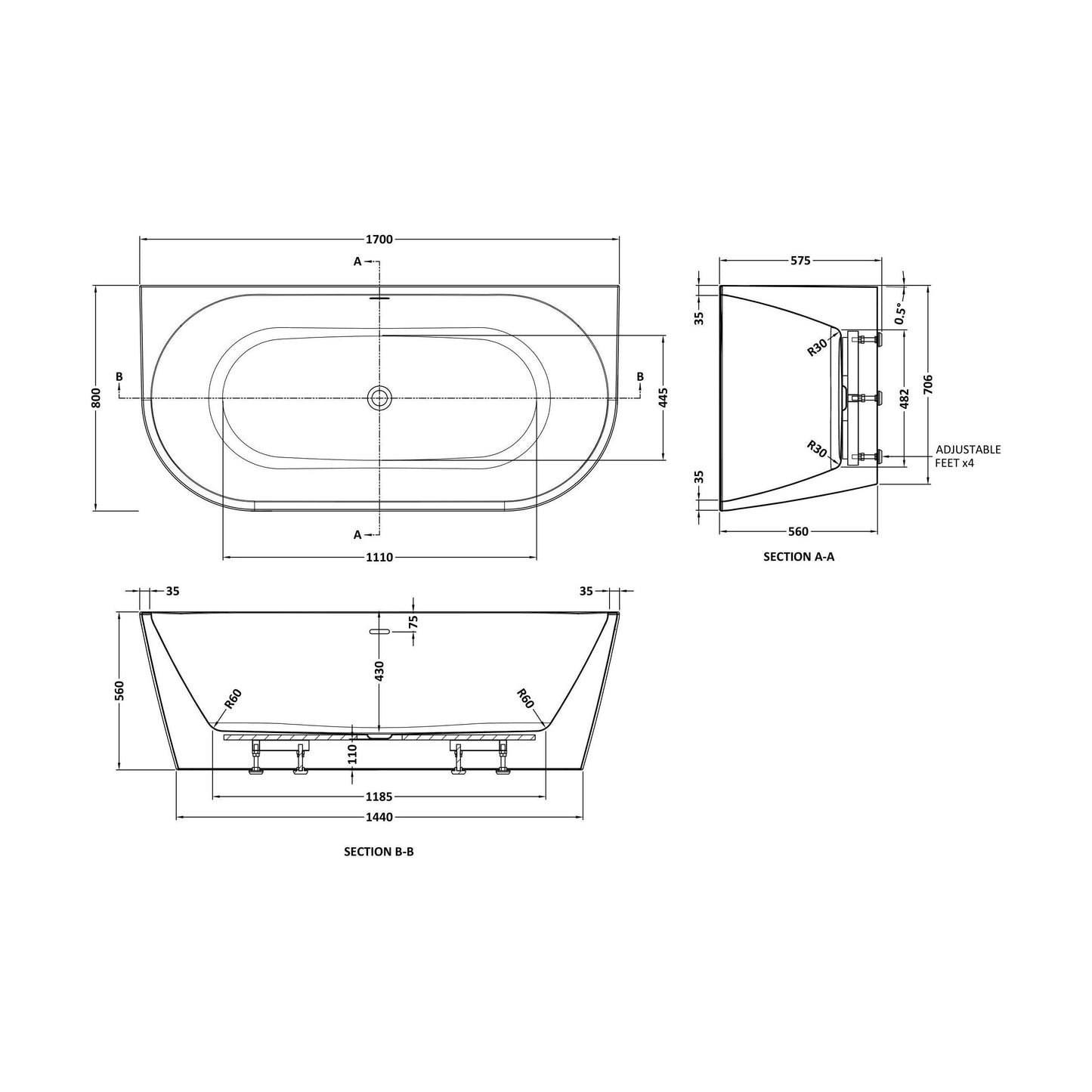[BALNFB114] Balterley Curved Back to Wall Freestanding Bath with Waste: 1700 x 800 x 575 mm Double-Ended Acrylic Bath - Technical Drawing