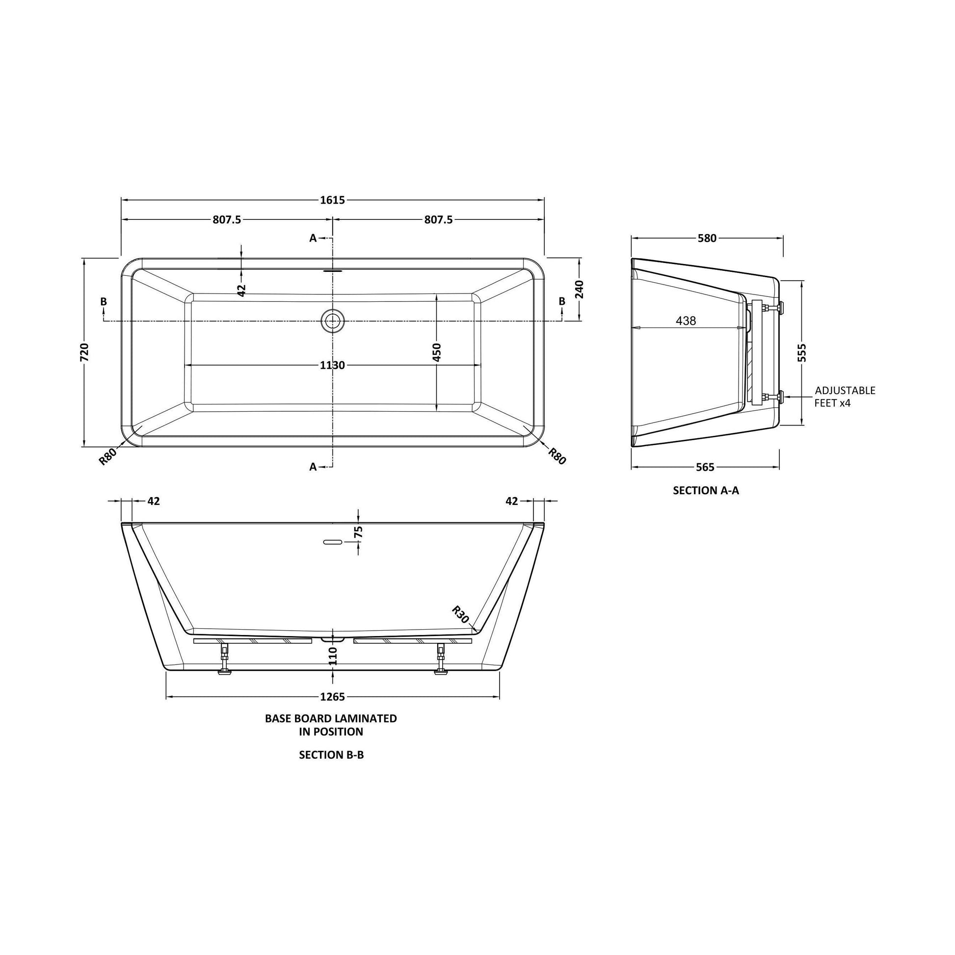[BALNFB115] Balterley Square Freestanding Bath with Waste: 1615 x 720 x 580 mm Double-Ended Acrylic Bath - Technical Drawing