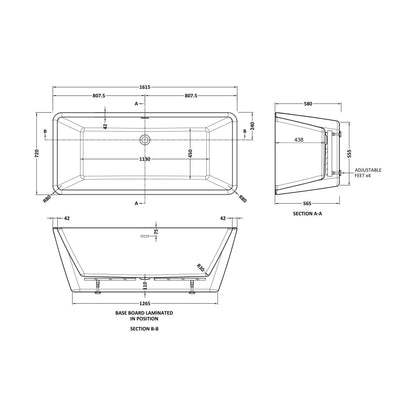 [BALNFB115] Balterley Square Freestanding Bath with Waste: 1615 x 720 x 580 mm Double-Ended Acrylic Bath - Technical Drawing