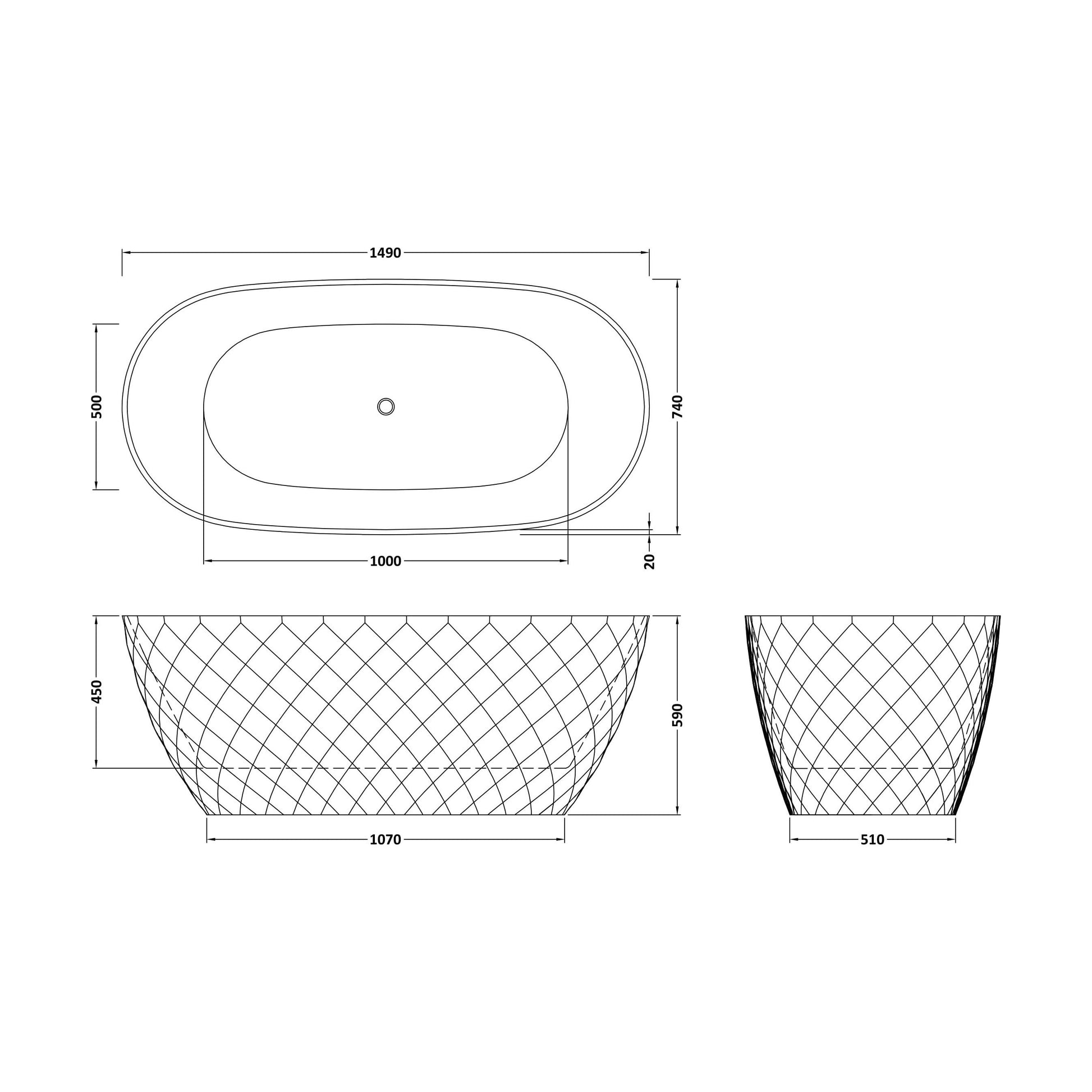 [BALNFB189] Balterley Textured Oval Freestanding Bath: 1500 x 750 x 590mm Double-Ended Acrylic Bath with Diamond Design - Technical Drawing