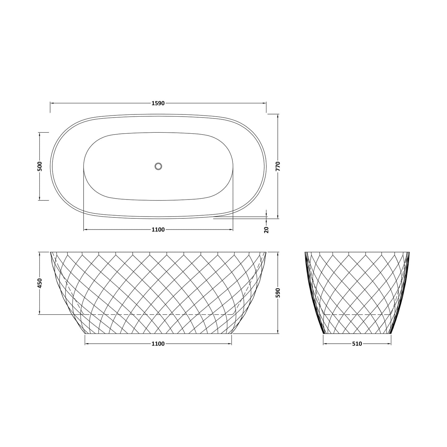 [BALNFB190] Balterley Textured Oval Freestanding Bath: 1590 x 740 x 590mm Double-Ended Acrylic Bath with Diamond Design - Technical Drawing