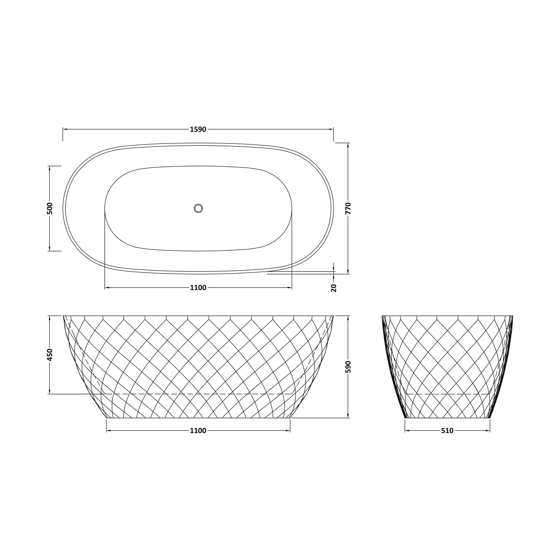 [BALNFB190] Balterley Textured Oval Freestanding Bath: 1590 x 740 x 590mm Double-Ended Acrylic Bath with Diamond Design - Technical Drawing