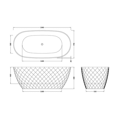 [BALNFB190] Balterley Textured Oval Freestanding Bath: 1590 x 740 x 590mm Double-Ended Acrylic Bath with Diamond Design - Technical Drawing