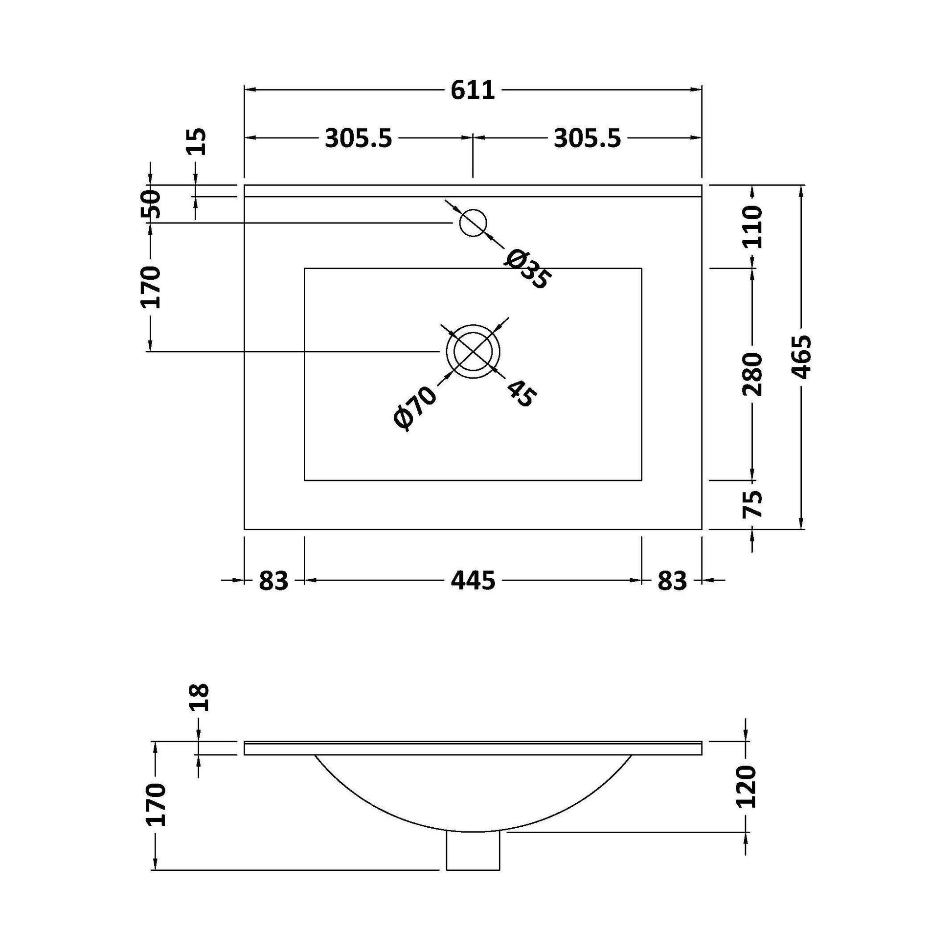 [BALST9060E] 600x460mm 1T/H Minimalist Basin Top - Technical Drawing
