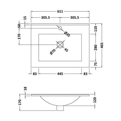 [BALST9060E] 600x460mm 1T/H Minimalist Basin Top - Technical Drawing