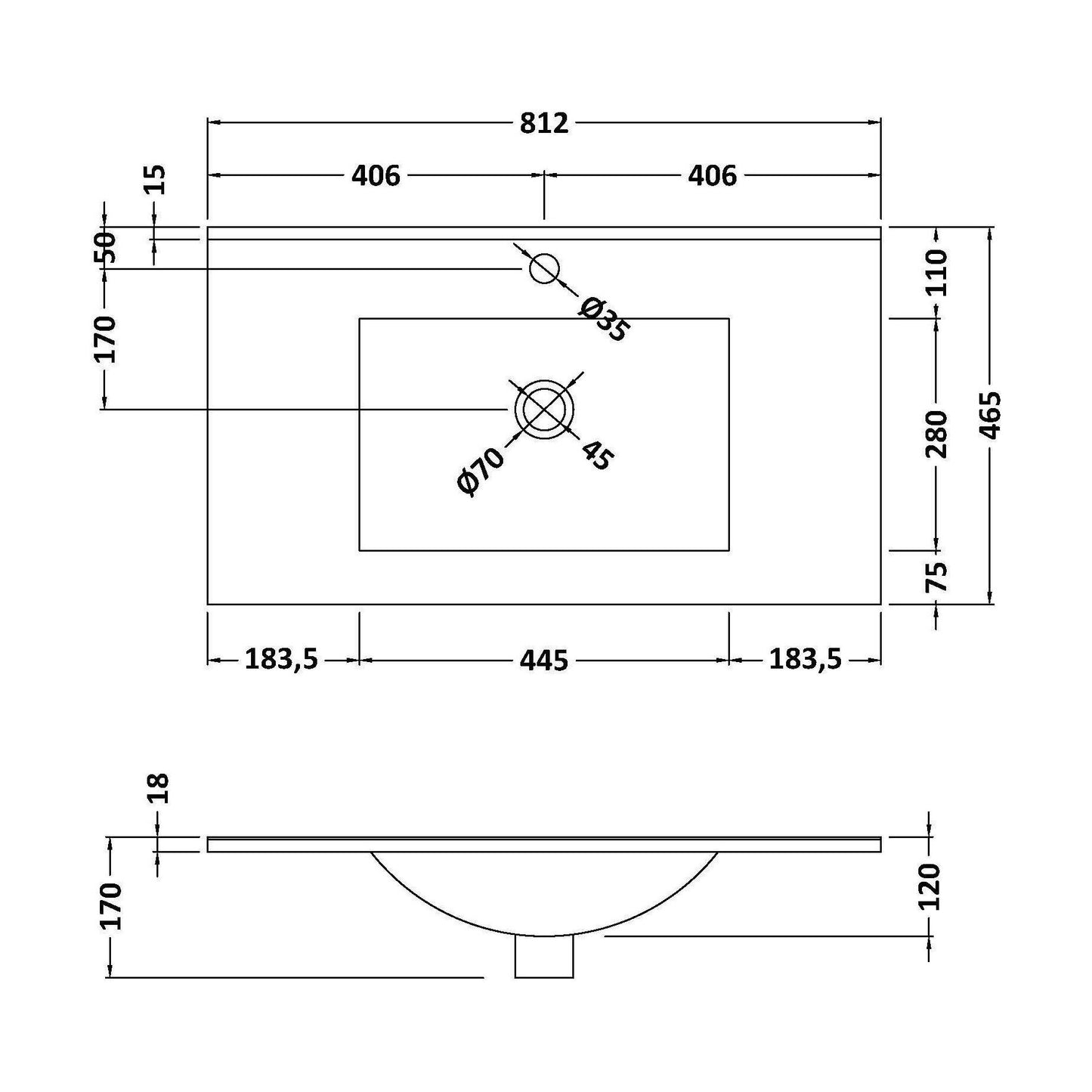 [BALST9080E] 800x460mm 1T/H Minimalist Basin Top - Technical Drawing