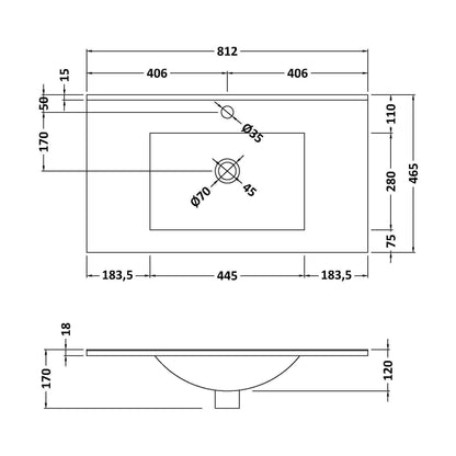 [BALST9080E] 800x460mm 1T/H Minimalist Basin Top - Technical Drawing