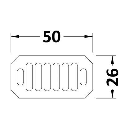 [BAOF03C] Ceramic Accessories Traditional Grill Overflow Cover - 26mm x 50mm - Brushed Brass - Technical Drawing