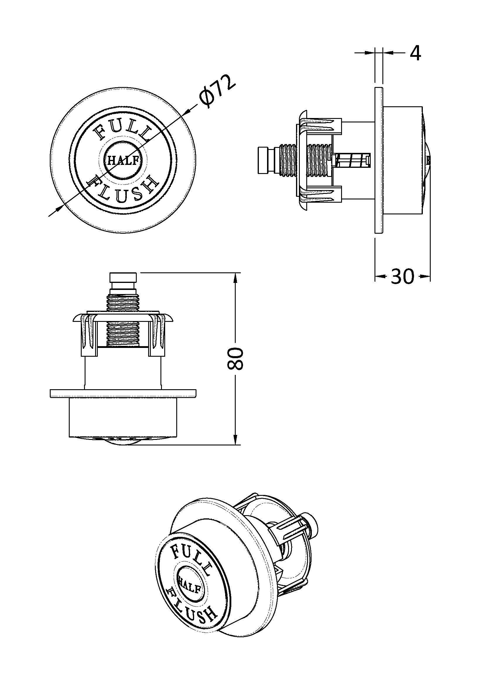 [BAPB01] Traditional Dual Flush Push Button, Choice of Colour - Line Drawing