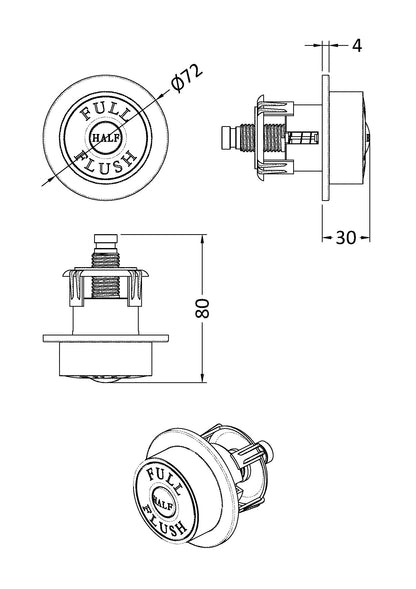 [BAPB03] Traditional Dual Flush Push Button, Choice of Colour - Line Drawing