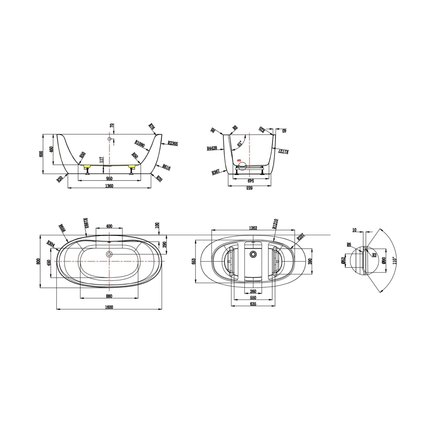 [BAS001S] Balterley 1600mm Freestanding Bath - Technical Drawing
