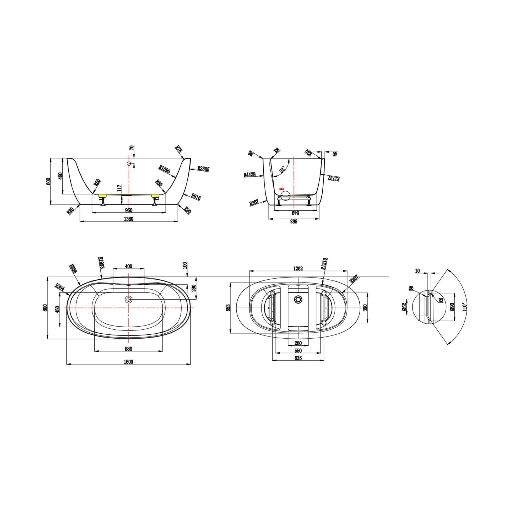 [BAS001S] Balterley 1600mm Freestanding Bath - Technical Drawing