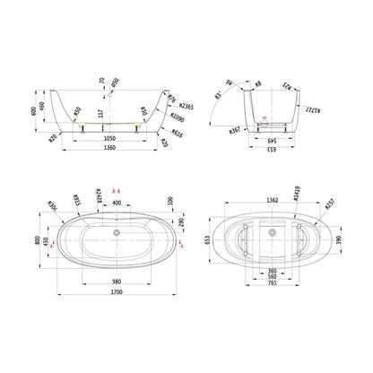 [BAS002S] Balterley 1700mm Freestanding Bath - Technical Drawing