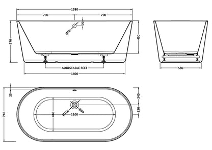 BC Designs Viado 1550mm Freestanding Bath With Waste
