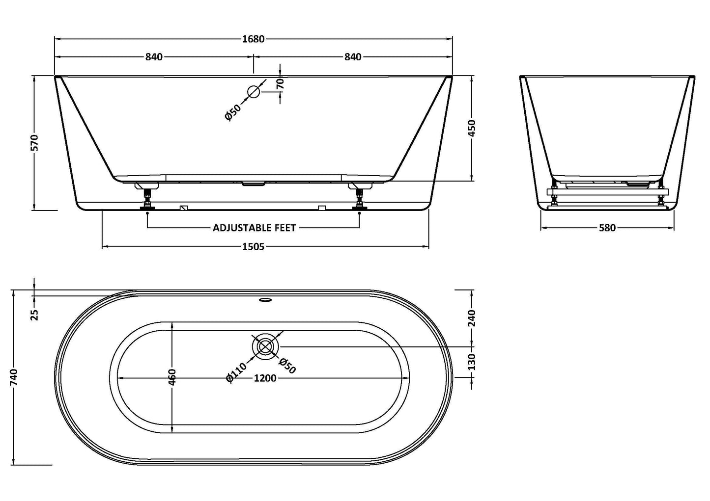BC Designs Viado 1680mm Freestanding Bath With Waste