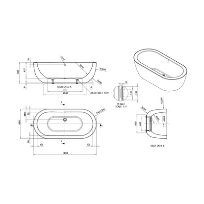 [BAS019S] Balterley 1690mm Freestanding Bath With Waste - Technical Drawing