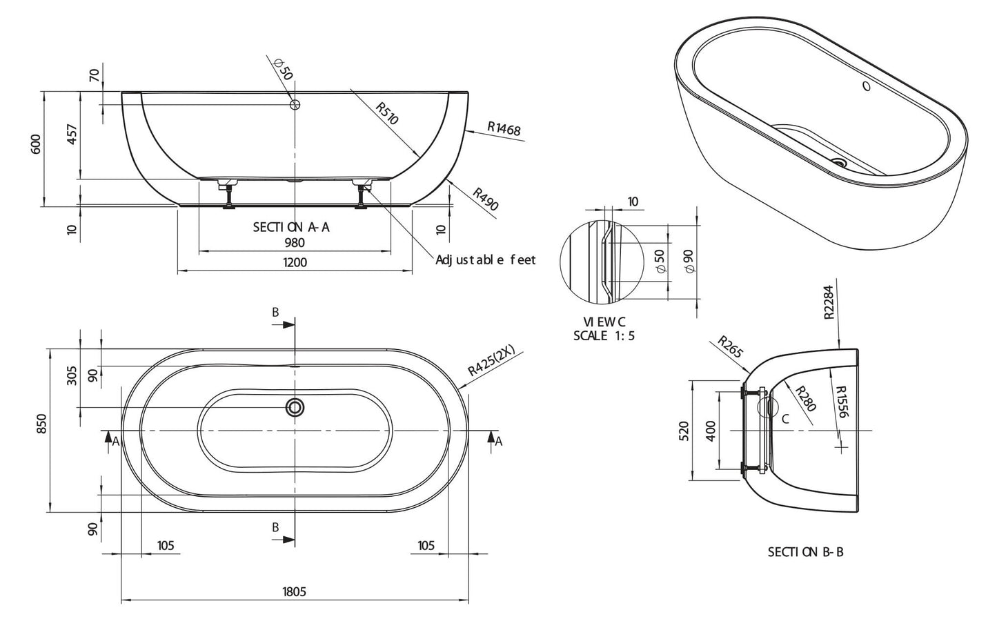 BC Designs Ovali 1805mm Freestanding Bath With Waste