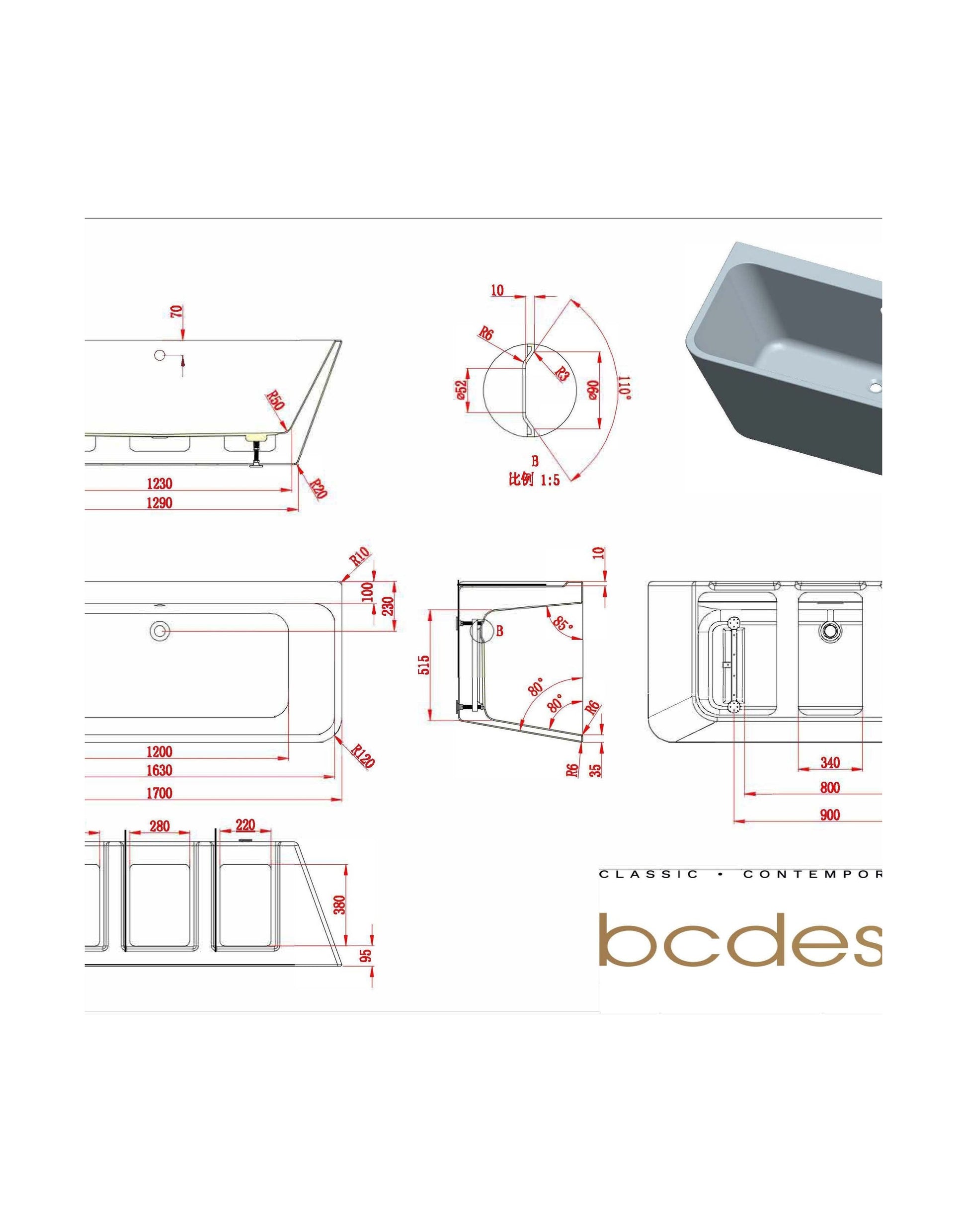 [BAS025S] 1700mm Back To Wall Bath With Waste - Technical Drawing