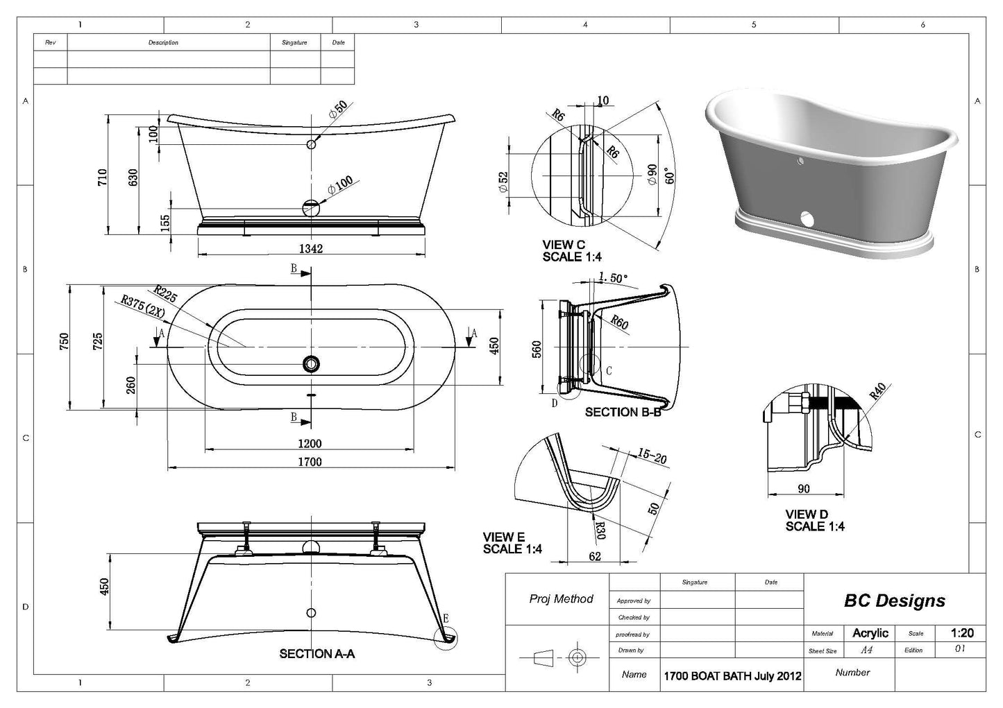BC Designs Aluminium 1700mm Boat Freestanding Bath
