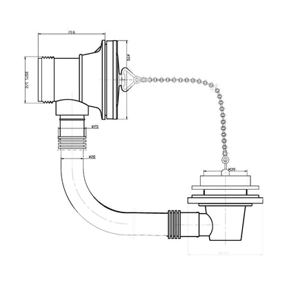 [BASB309] Balterley Bath Waste with Overflow & Poly Plug Chain, Fits Baths up to 5mm, Durable Design, 70mm x 76mm - Chrome - Technical Drawing