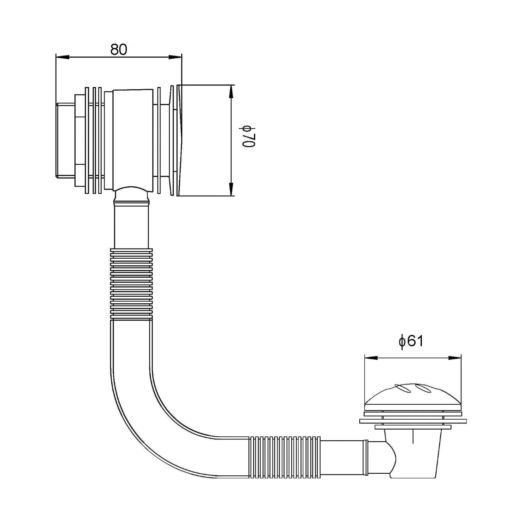 [BASB321] Bath Push Button Waste with Round Overflow for Baths up to 3mm Thick - Chrome - Technical Drawing